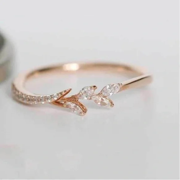 New Rose Gold Plated Leaf Diamond Ring - Picture 1 of 6